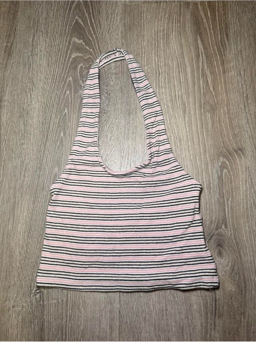 Essentials Pink & Black Striped Halter Crop Top